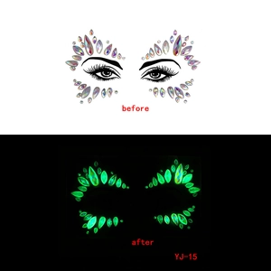 Glow-in-the-dark face jewels comparison showing holographic effect and neon green glow