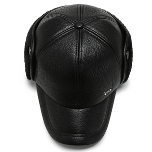 Men's winter black leather baseball cap with earflaps and warm faux fur lining