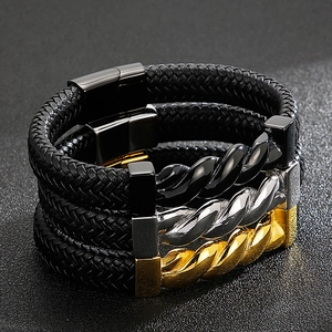 Men's multi-layer braided leather bracelets with gold, silver, and black metal magnetic clasps