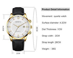 Vue détaillée de la montre à quartz Geneva dorée avec bracelet en cuir et dimensions