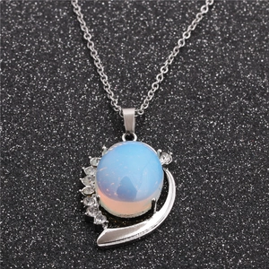 Silver stainless steel pendant necklace with oval white opal stone and zircon accents