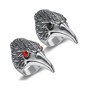 Gothic eagle head ring set in antique silver finish with red and black rhinestone eyes
