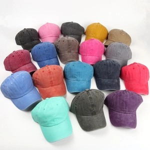 Custom multi-color baseball caps in washed cotton with vintage finish and six-panel design