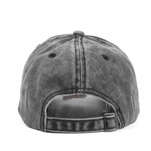 Washed cotton baseball cap in charcoal black with adjustable metal buckle on the back
