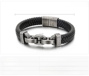 Men's woven cowhide leather bracelet with three-ring stainless steel clasp details