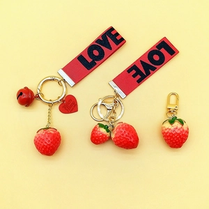Strawberry Keychain Resin Realistic Fruit Pendant With Red LOVE Ribbon Bell Heart Tag For Bag Decoration