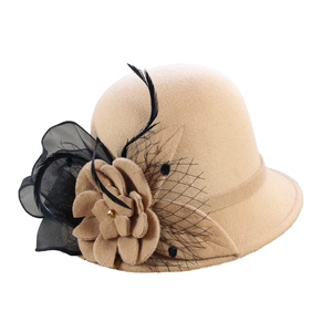 Elegant khaki wool felt fedora for women with vintage mesh veil and floral feather detail