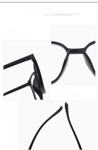 Detail of minimalist black square glasses featuring soft silicone nose pads and ergonomic legs