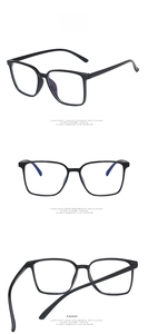 Three views of bright black square anti-blue light glasses frames from various angles