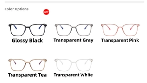 Classic square blue light blocking glasses in five colors: black, grey, pink, tea, and clear