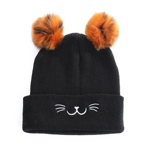 Cute black cat ear knit beanie with orange pom-poms and embroidered kitten face