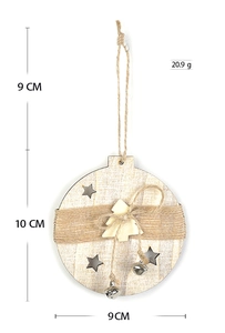 Wooden Christmas tree hanging pendant with star cutouts, burlap ribbon, and bells. Perfect holiday decor.