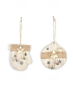 Wooden Christmas tree hanging ornaments, rustic star and glove pendant for holiday decor.