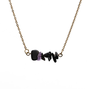 Minimalist gold chain necklace with irregular black and purple natural stone pendants