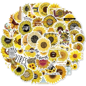 Set di 50 adesivi impermeabili con girasoli per valigie, chitarre e skateboard
