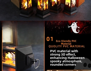 Detail of Halloween LED lantern showing spooky castle and bat motifs on PVC panels
