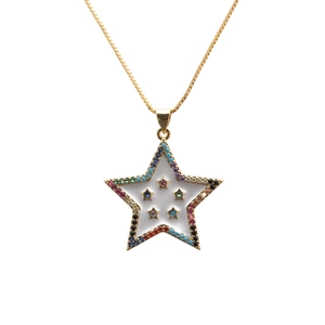 Close-up of star pendant necklace with colorful gems and white enamel on gold chain