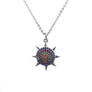 Silver necklace with colorful zircon star pendant on a clean white background