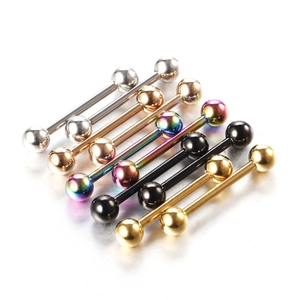 Set of seven stainless steel barbell piercing jewelry in various colors on white background