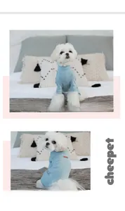 Détail du pull côtelé bleu clair pour animaux avec broderie cœur et col roulé élastique