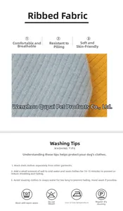 Détail de la texture en maille côtelée et instructions de lavage pour vêtement chien
