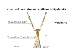 Detail view of 18k gold plated letter A pendant with zircon inlay and dimensions