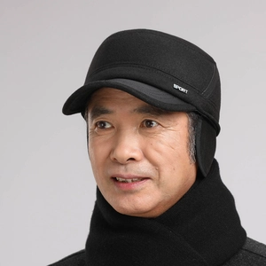 Men's winter flat top hat with ear flaps and SPORT embroidery for cold weather