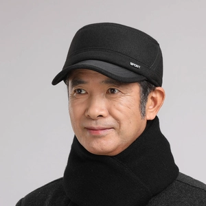 Men's winter warm flat top military cap and thick scarf set for elderly men in black