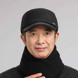Close-up of winter flat top military cap and scarf set for elderly men in black