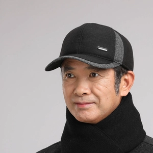 Winter thermal baseball cap for elderly men with ear protection and sports metal badge