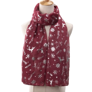 Christmas Scarf Polyester Silver Foil Elk Snowflake Print Holiday Party Elegant Long Wrap Shawl For Women Accessory