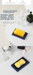 Detail of blue double-sided draining soap dish showing the self-draining grid structure