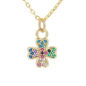 Gold clover necklace with colorful zircon micro-paving on a minimalist fine chain