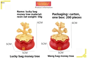 Close-up of resin lucky money tree figurines with Fu and Wang characters in 6cm size