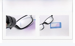 Blue light blocking test showing eyewear lens protection against UV light on card
