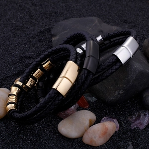 Men's double-layer braided leather bracelets with magnetic stainless steel clasps