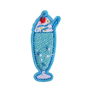 Embroidered cartoon blue milkshake patch with white cream and cherry for clothing decoration