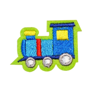 Cartoon train embroidery patch in blue and green for kids clothing and DIY decor