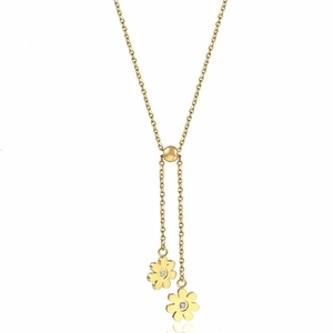 Asymmetric Titanium Steel 18K Gold Plated Sunflower Necklace For Women Rhinestone Inlaid Double Flower Pendant Clavicle Chain