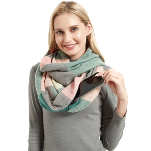 Plaid knitted neck warmer with hidden zipper pocket for smartphone shown on model