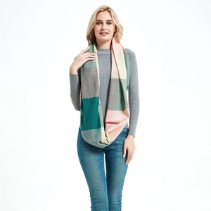 Winter unisex thick plaid infinity scarf with zipper pocket in pink and green colors
