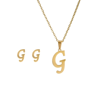 Detailed close-up of gold stainless steel G-letter pendant necklace and stud earring set