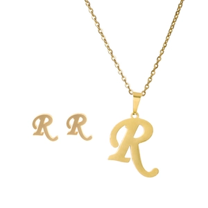Detailed view of golden stainless steel jewelry set featuring capital letter R pendant