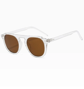 Detail view of round retro sunglasses showing size 49-22-135 on clear jelly frames