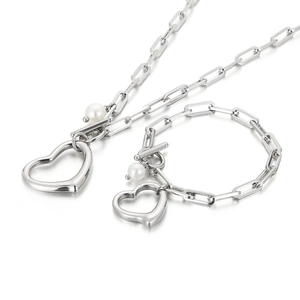 Silver stainless steel heart necklace and bracelet set with white pearls and OT buckles