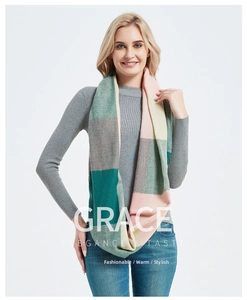 Detail shot of chunky knit infinity scarf with turquoise and pink plaid pattern