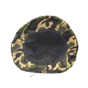 Detail of camouflage fleece bucket hat showing plush texture and adjustable inner drawstring