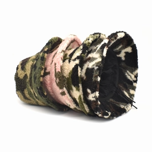 Winter camouflage bucket hats in warm faux shearling with adjustable drawstring interior