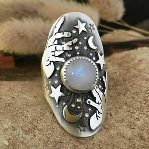 Anello In Rame Vintage Con Pietra Di Luna Motivo Stella Luna Mano Gioielli Occulti Bohémien Per Uomini Donne Argentato