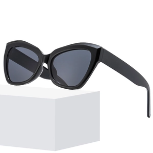 Retro cat-eye sunglasses with large black frames and wide temples on a white background